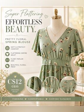 Monteau Sage Green Floral V‑Neck Peplum Blouse